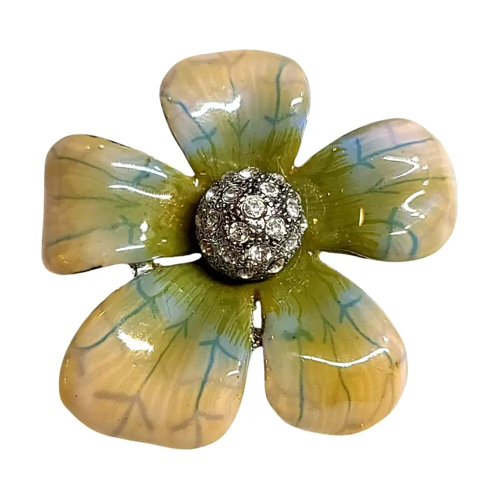 Vintage Metal Enamel Rhinestones Flower Brooch Pin Spring